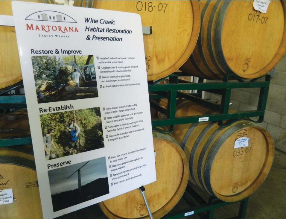 A printed interpretive sign explaining habitat restoration in vineyards is displayed next to a rack of wine barrels