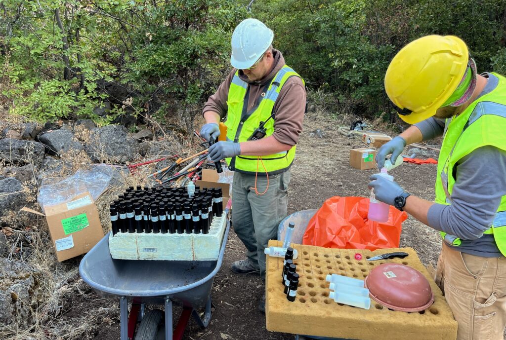 TU and CDFW crew prep explosives for the demolition of the barrier on Jenny Creek