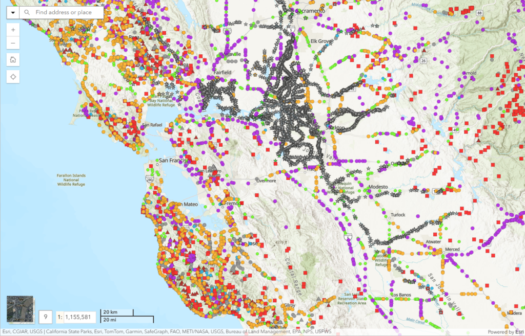A view of the passage assessment database web viewer, showing types of fish passage barriers in the Bay Area of California.