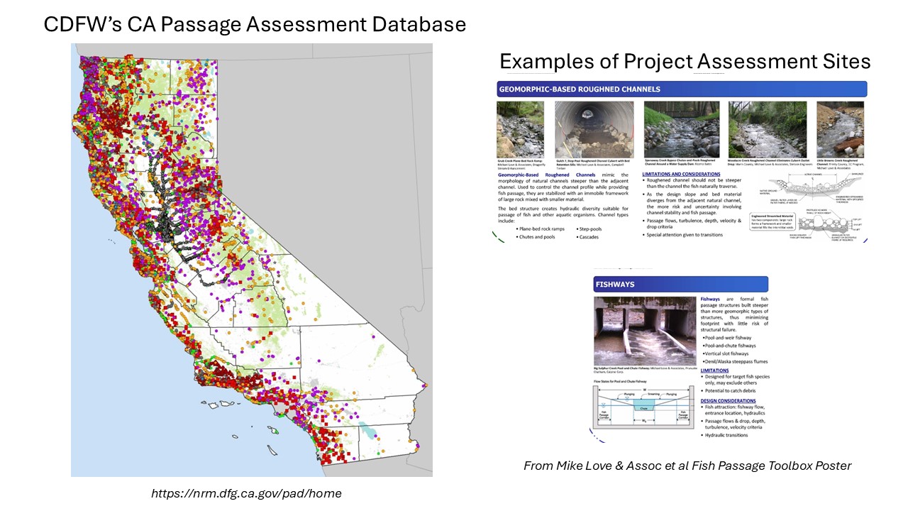A map of fish passage barriers in California, and a detail showing some types of fish passage structures.
